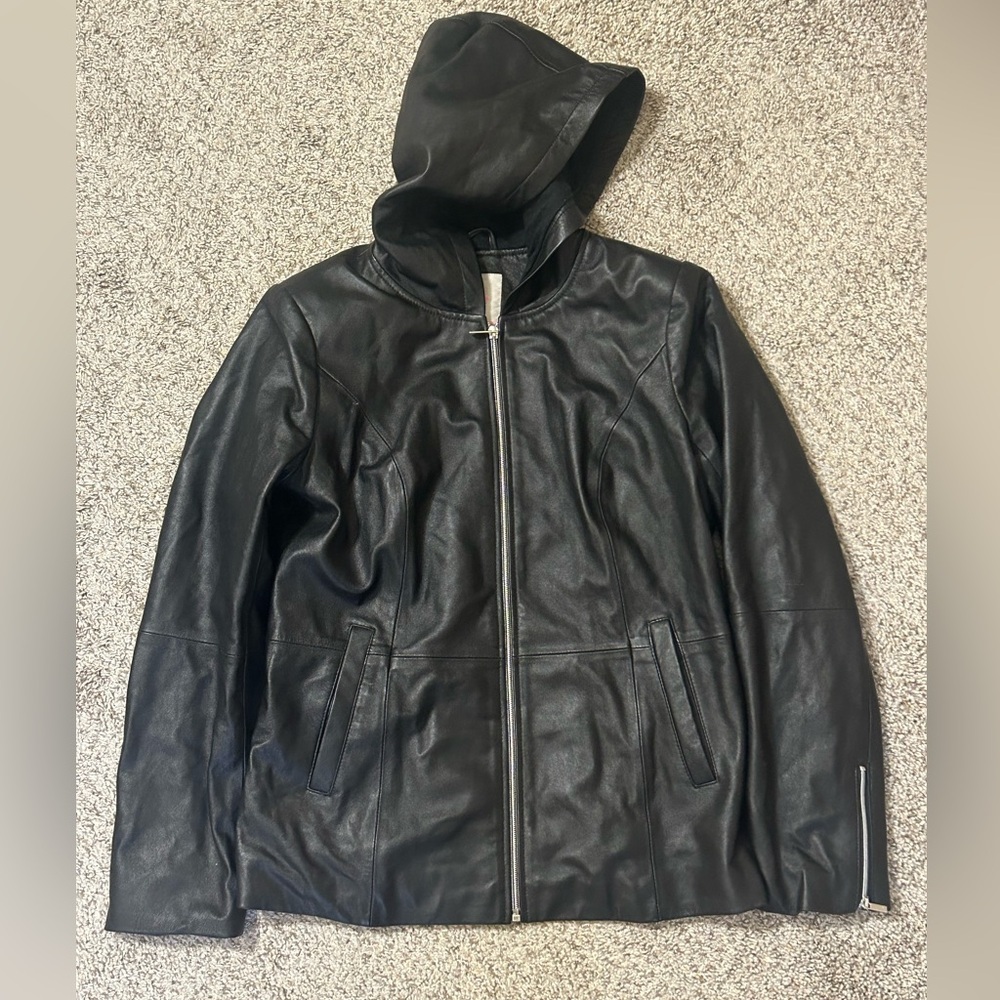 Isaac Mizrahi Live Black Leather Hooded Jacket Biker Moto Lined ZipUp Sz 4 Women